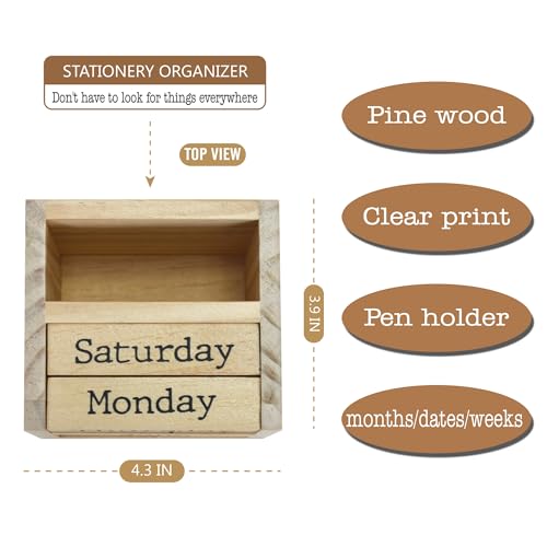 EXQUIDECA Wooden Blocks Perpetual Calendar with Pen Holder - Natural Pine Wood Home Office Desk Organizer -Reusable Date Week Month Accessories Tabletop Ornament - Image 5