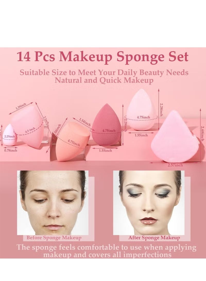 14-Piece Makeup Sponge Set- Multi soft color Mini Makeup Sponge, Powder Puff Long Lasting Beauty Sponge Wet & Dry Use for Women (Pink) - Image 2