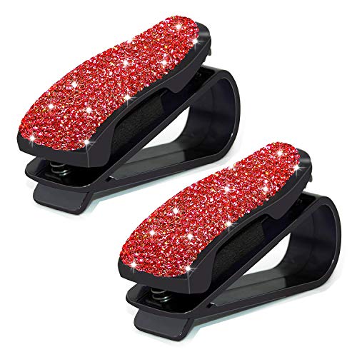 CHIMUYU Glasses Holders for Car Sun Visor, 2 Pack Bling Crystal Rhinestones Fashion Car Eyeglasses Sunglasses Hanger Mount with Ticket Card Clip for Women Girls (Red) - Image 1