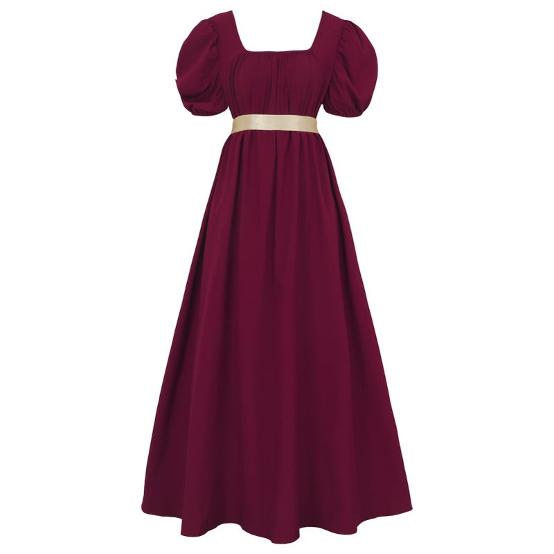 HEQU Regency Dresses for Women with Satin Sash Ruffle Empire Waist Dress Gown (S, Dark Red) - Image 1