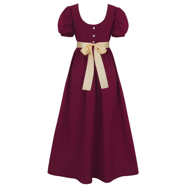 HEQU Regency Dresses for Women with Satin Sash Ruffle Empire Waist Dress Gown (S, Dark Red) - Image 2