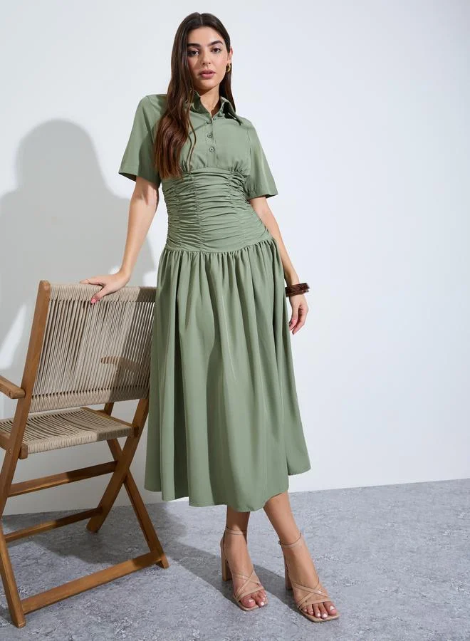 ستايلي Green Gathered Casual Shirt Midi Dress