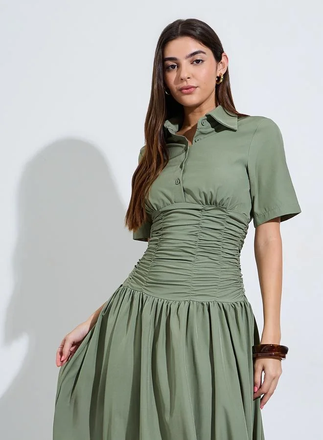 ستايلي Green Gathered Casual Shirt Midi Dress