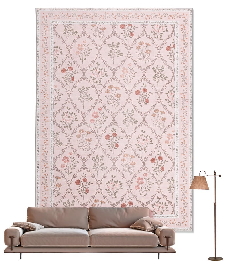 YIHOUSE 5x7 Pink Floral Rug for Bedroom Girls, Washable Area Rugs for Living Room Non Slip Ultra-Thin, Soft Throw Carpet for Nursery, Kids Playroom, Classroom, Home Office Decor - Image 1