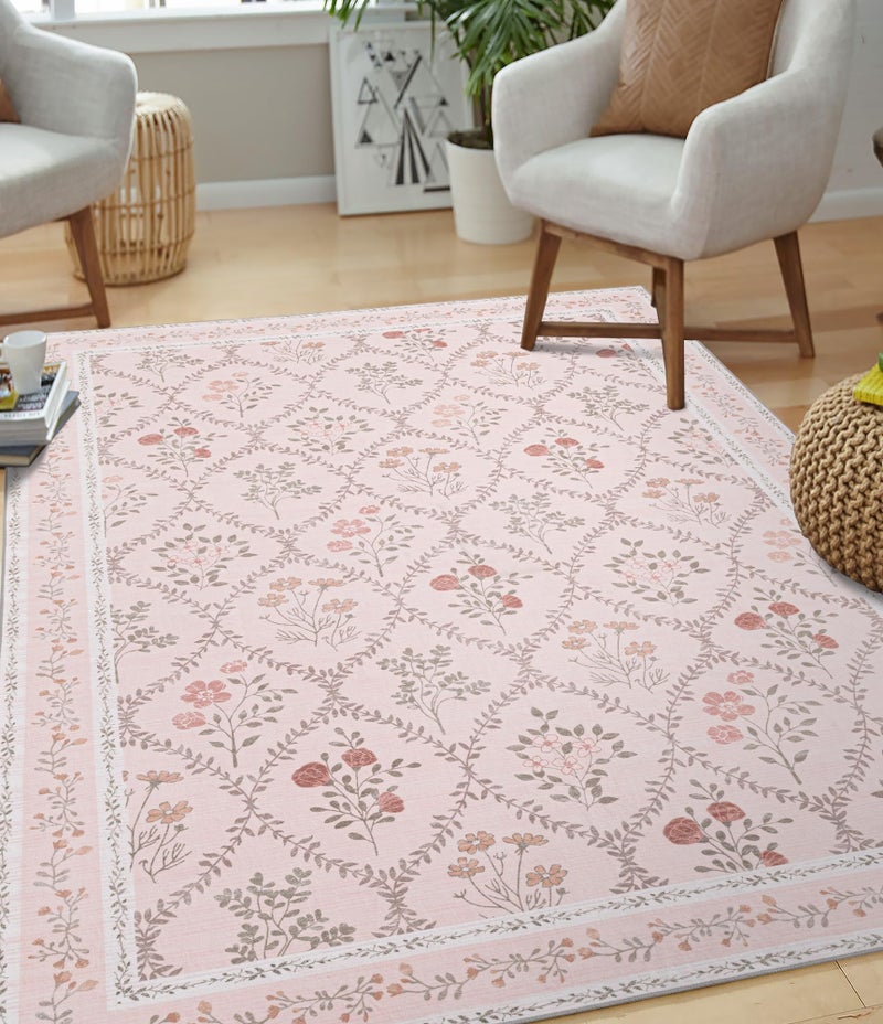 YIHOUSE 5x7 Pink Floral Rug for Bedroom Girls, Washable Area Rugs for Living Room Non Slip Ultra-Thin, Soft Throw Carpet for Nursery, Kids Playroom, Classroom, Home Office Decor - Image 2
