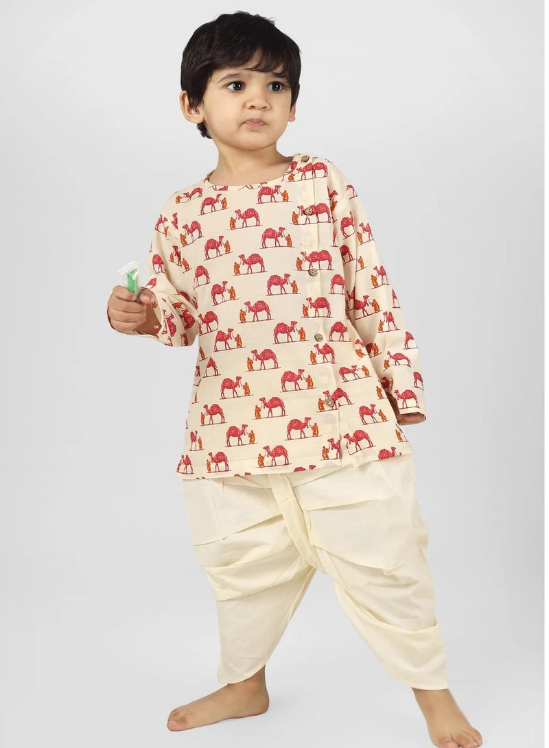 Polka Tots Polka Tots Full Sleeves Camel Print Angrakha Top With Dhoti - Cream (0M - 3M)  - Image 3