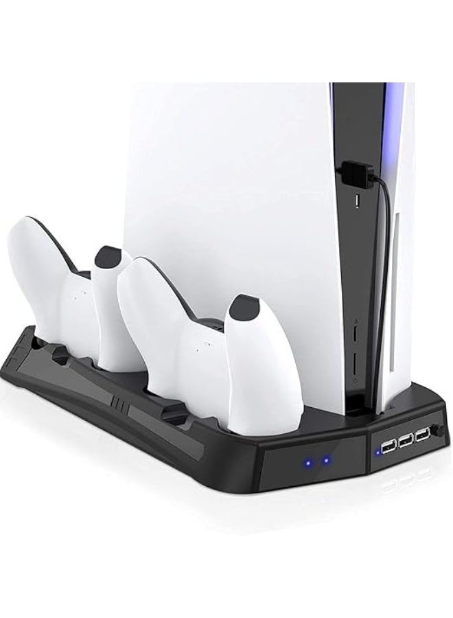 Vertical Cooling Stand for PS5 – All-in-One Charging Dock with Dual Controller Charger, Suction Fan & 3 USB Ports – Space-Saving & Practical Setup - Image 1