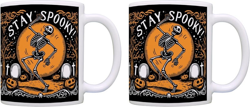 ThisWear Halloween Mugs Coffee Stay Spooky Woodcut 2 Pack 11oz Ceramic Coffee Mug Set - Image 1