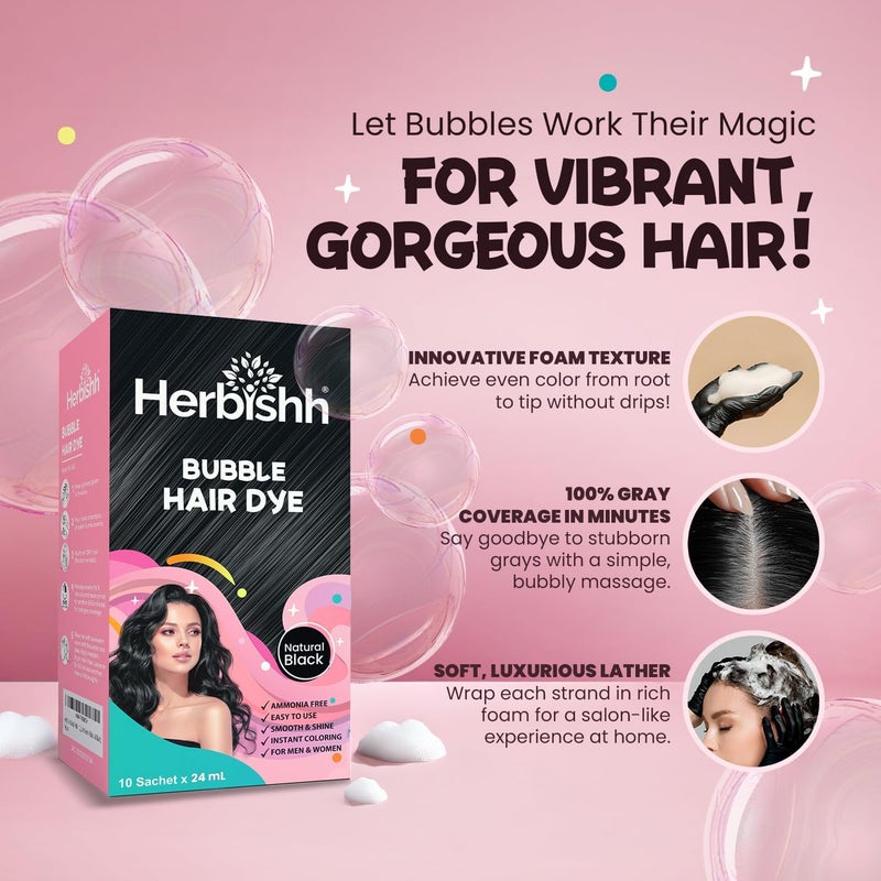 Herbishh Bubble Foam Hair Dye Shampoo - 3 in 1, 100% Grey Coverage, Ammonia-Free, Natural Black, 10 Sachets x 24 ml - Image 5