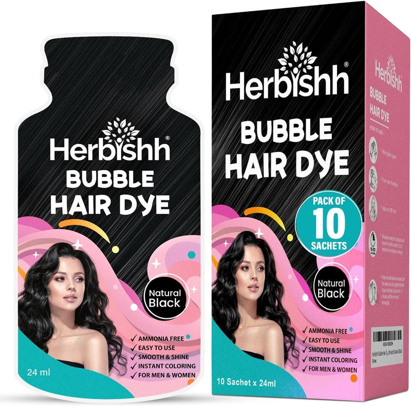Herbishh Bubble Foam Hair Dye Shampoo - 3 in 1, 100% Grey Coverage, Ammonia-Free, Natural Black, 10 Sachets x 24 ml - Image 1