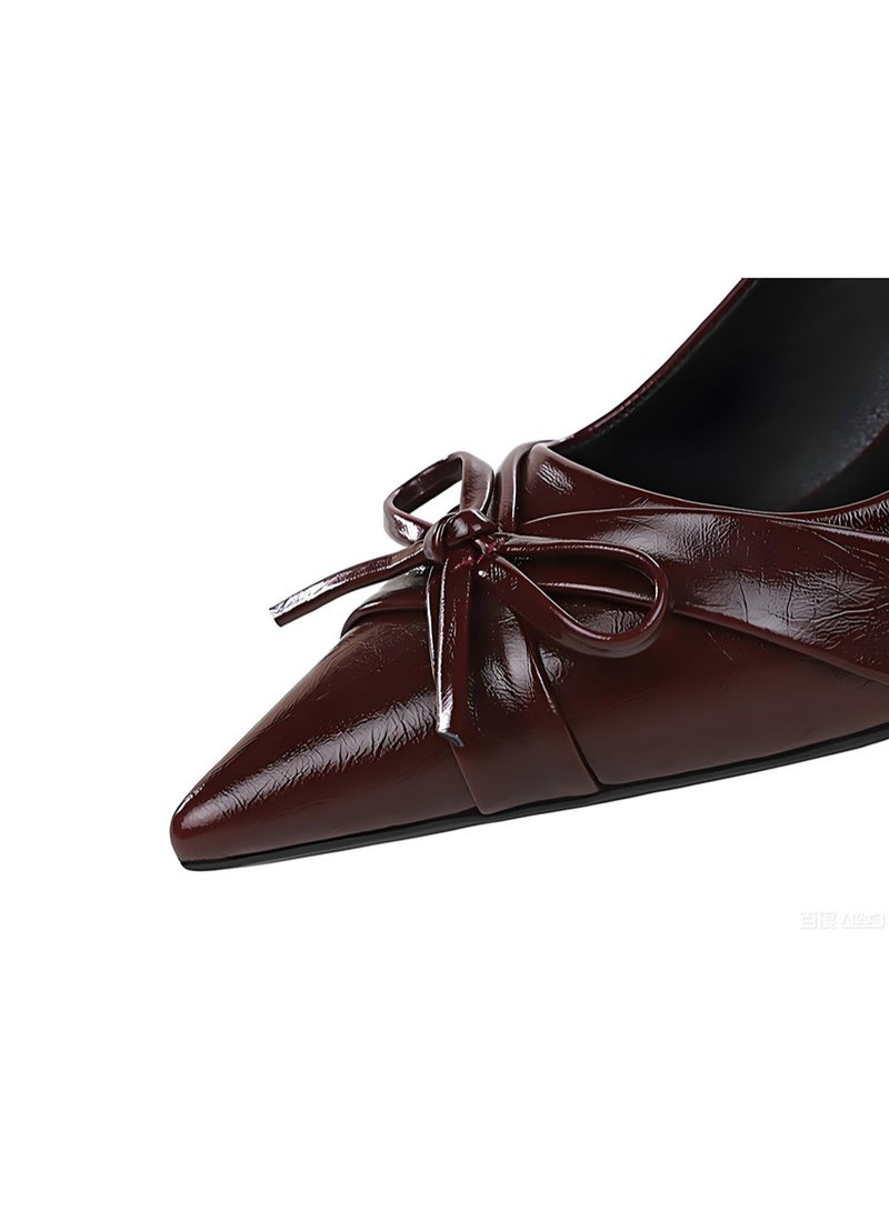 BIGTREE Women's Bowknot Closed Pointed Toe High Heels Stiletto Heel Pumps Wine Red 6.5CM - Image 4