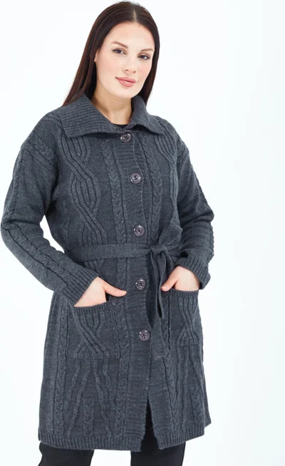 Stilmony Women's Smoke Buttoned Pocket Belted Knitted Wool Long Cardigan
