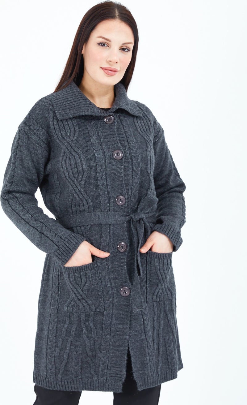 Stilmony Women's Smoke Buttoned Pocket Belted Knitted Wool Long Cardigan - Image 1