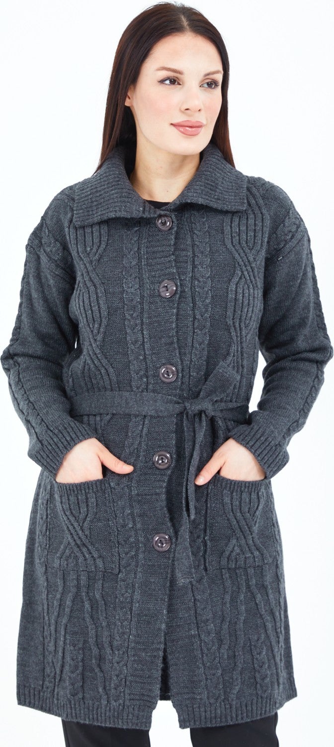 Stilmony Women's Smoke Buttoned Pocket Belted Knitted Wool Long Cardigan - Image 4