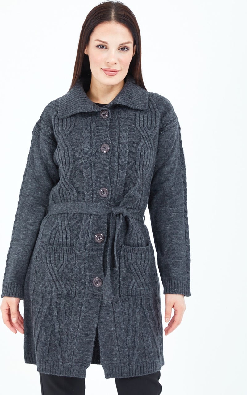 Stilmony Women's Smoke Buttoned Pocket Belted Knitted Wool Long Cardigan - Image 3