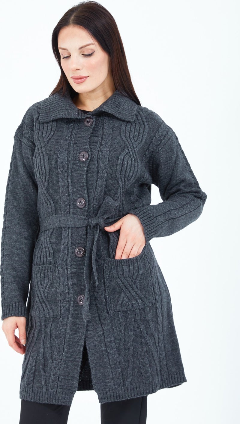 Stilmony Women's Smoke Buttoned Pocket Belted Knitted Wool Long Cardigan - Image 5