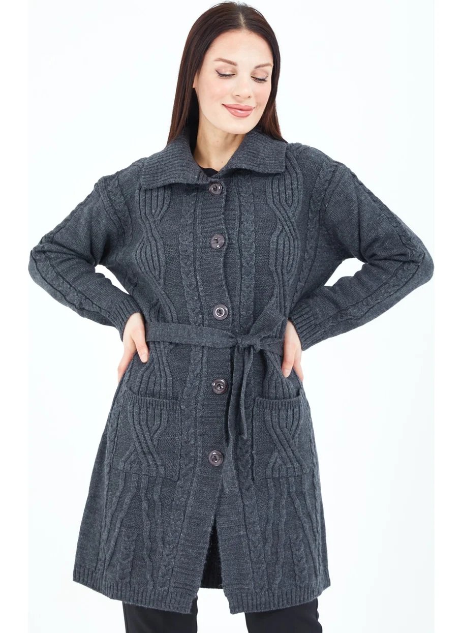 ستيلموني Women's Smoke Buttoned Pocket Belted Knitted Wool Long Cardigan