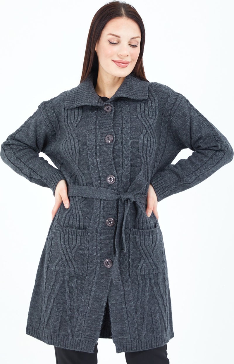 Stilmony Women's Smoke Buttoned Pocket Belted Knitted Wool Long Cardigan - Image 2