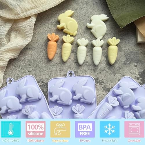 ZINDIACINE 3-Pack Easter Bunny Silicone Mold, 3D Easter Bunny Chocolate Molds Carrot Candy Ice Mold Food Grade Non-Stick Silicone Molds for Candy, Jelly, Fondant, Resin, Candle Making - Image 2