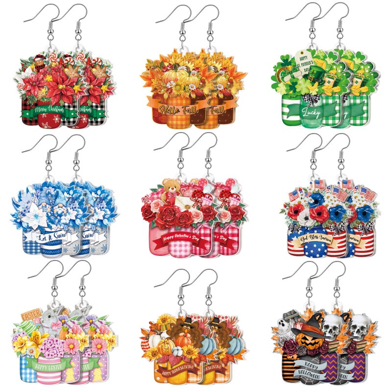 Glenmal 9 Pairs St. Patrick's Day Holiday Earrings for Women Easter Gnome/truck/floral Vase Acrylic Drop Dangle Earring(Novel Style) - Image 1