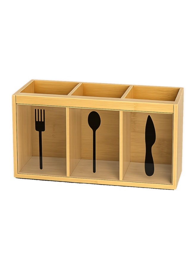 Lacoz Natural Bamboo Cutlery Organizer with 3 Compartments Multipurpose Countertop Utensil Holder for Spoons, Forks, Knives, Kitchen Tools, Office Supplies & Dining Table Storage - Image 1