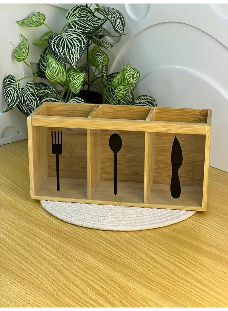 Lacoz Natural Bamboo Cutlery Organizer with 3 Compartments Multipurpose Countertop Utensil Holder for Spoons, Forks, Knives, Kitchen Tools, Office Supplies & Dining Table Storage - Image 5