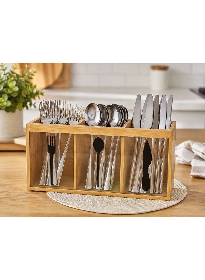 Lacoz Natural Bamboo Cutlery Organizer with 3 Compartments Multipurpose Countertop Utensil Holder for Spoons, Forks, Knives, Kitchen Tools, Office Supplies & Dining Table Storage - Image 2
