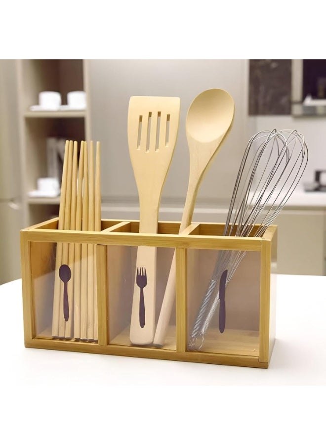 Lacoz Natural Bamboo Cutlery Organizer with 3 Compartments Multipurpose Countertop Utensil Holder for Spoons, Forks, Knives, Kitchen Tools, Office Supplies & Dining Table Storage - Image 4