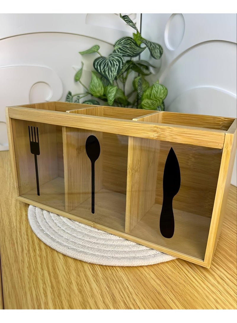 Lacoz Natural Bamboo Cutlery Organizer with 3 Compartments Multipurpose Countertop Utensil Holder for Spoons, Forks, Knives, Kitchen Tools, Office Supplies & Dining Table Storage - Image 3