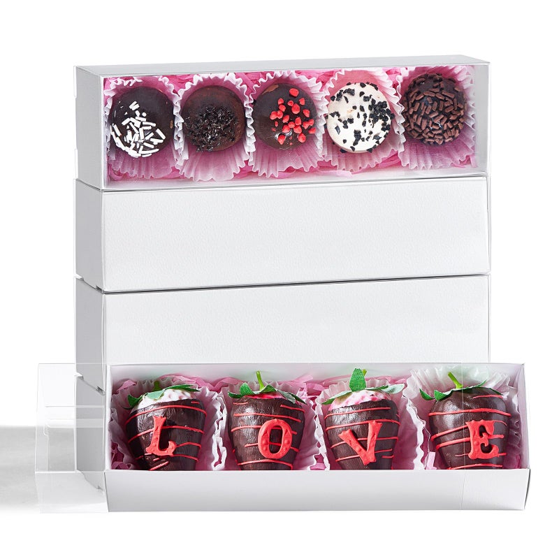 TEMLQPACK Bakery Packaging Supplies: 12Pack White Chocolate Covered Strawberry Box for 4, Macaron Boxes, Long Treat Box for Truffles, Cookies, Ores, Chocolate Cocoa Bombs & Cake Ball - Image 1