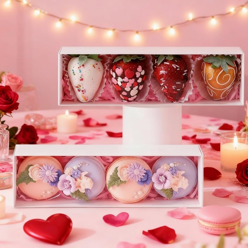 TEMLQPACK Bakery Packaging Supplies: 12Pack White Chocolate Covered Strawberry Box for 4, Macaron Boxes, Long Treat Box for Truffles, Cookies, Ores, Chocolate Cocoa Bombs & Cake Ball - Image 5