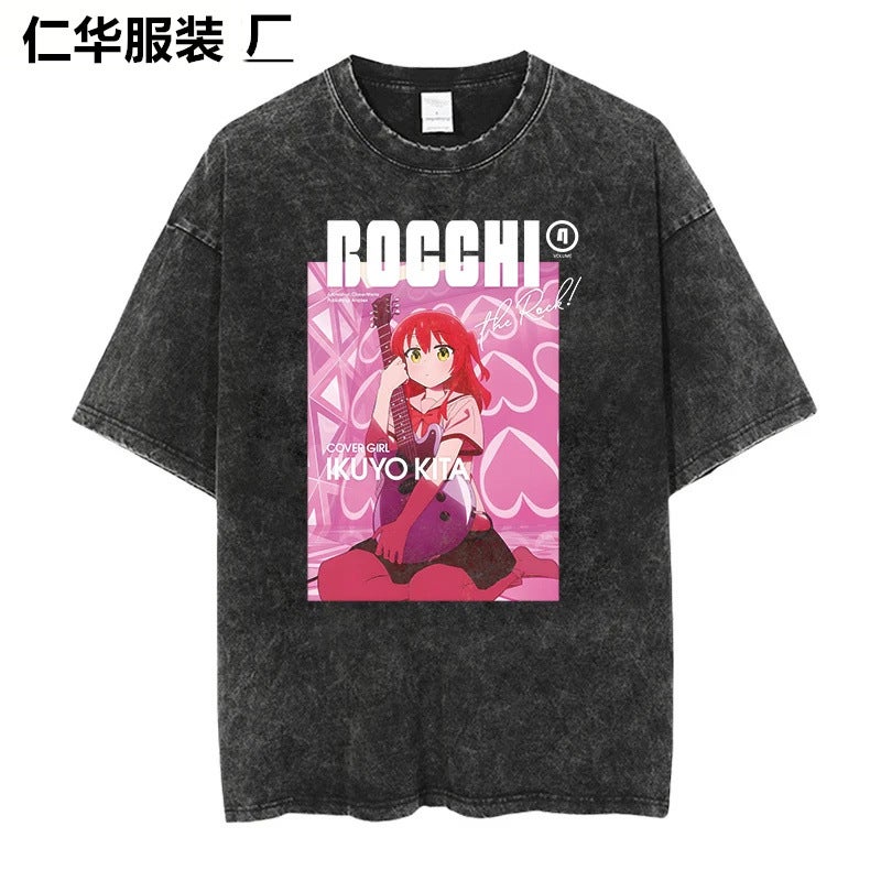 Lonely Rock Live Stage Cartoon Animation Washed Old Retro Short Sleeve T-Shirt American Cotton - Image 3