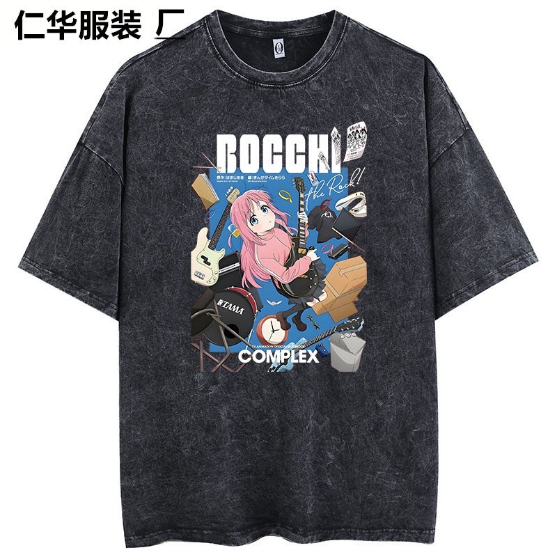 Lonely Rock Live Stage Cartoon Animation Washed Old Retro Short Sleeve T-Shirt American Cotton - Image 4