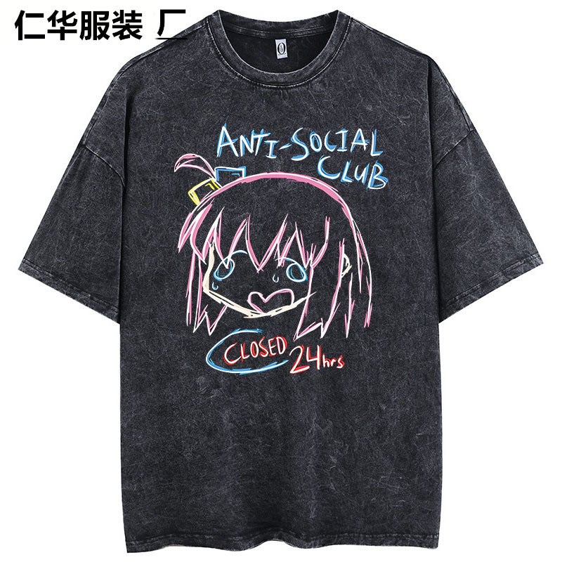 Lonely Rock Live Stage Cartoon Animation Washed Old Retro Short Sleeve T-Shirt American Cotton - Image 2