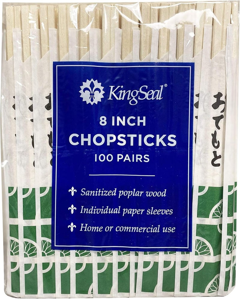 KingSeal 200 Count | 8 Inch Natural Poplar Disposable Wood Chopsticks, Paper Sleeve, Waribashi, Bulk Pack - 2 Packs x 100 Pairs - Image 1