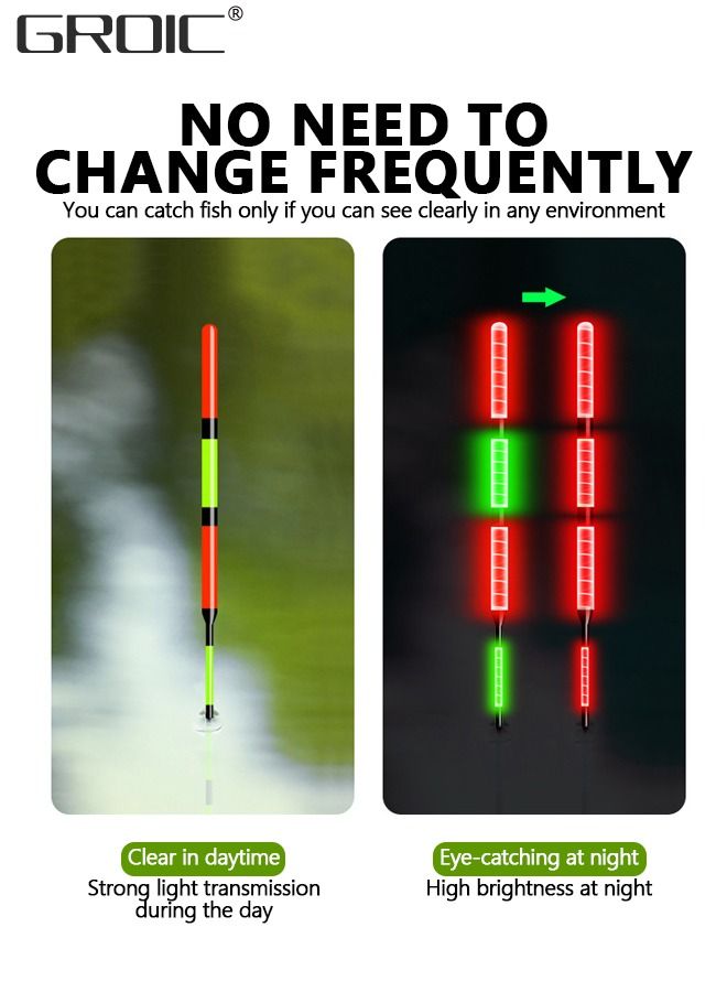 GROIC عوامات الصيد مع عصي الصيد المتوهجة، مجموعة عوامات الصيد المضاءة ليلاً، عوامات الصيد المتوهجة مع أنابيب عصا متوهجة لصيد الأسماك، بكرات الصيد، عضة عوامة الصيد - Image 5