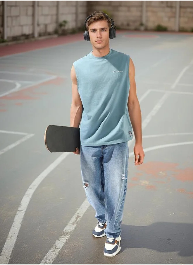 هوبرهولمي Men's Blue 100% Cotton Solid Oversized T-Shirt