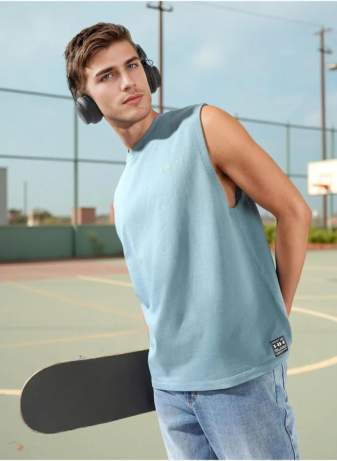 هوبرهولمي Men's Blue 100% Cotton Solid Oversized T-Shirt