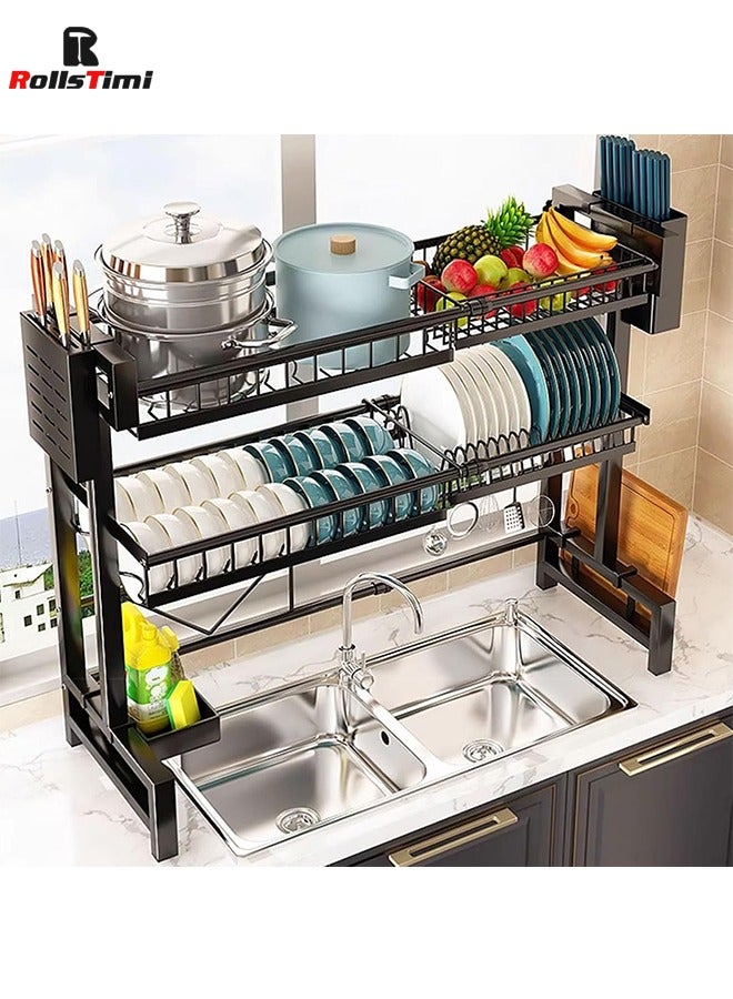 RollsTimi  Large Capacity Dish Drainer Drying Rack Telescopic Adjustable Length Kitchen Rack Multifunctional Expandable Counter Organizer Over Sink Space Saver Dish Rack - 2 Tier - Image 1