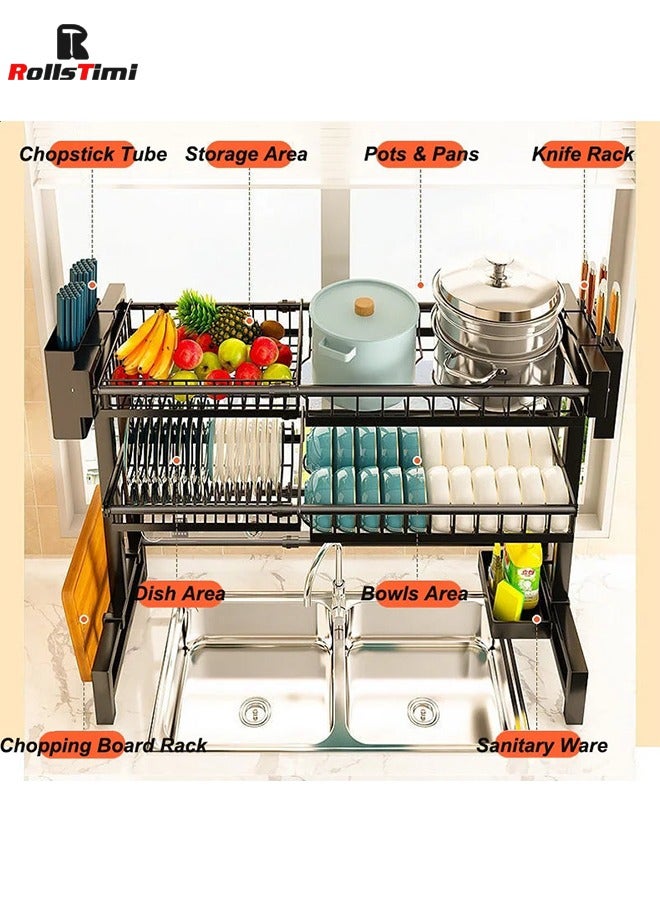 RollsTimi  Large Capacity Dish Drainer Drying Rack Telescopic Adjustable Length Kitchen Rack Multifunctional Expandable Counter Organizer Over Sink Space Saver Dish Rack - 2 Tier - Image 2