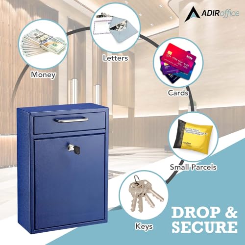 AdirOffice Mailboxes for Outside Wall Mount Large with Key Lock, Metal Locking Mailbox with Post Outdoor, Residential Mail Box Lock and Key, Cash Drop Box for Money, Parcel, Envelopes & Cards Blue - Image 3