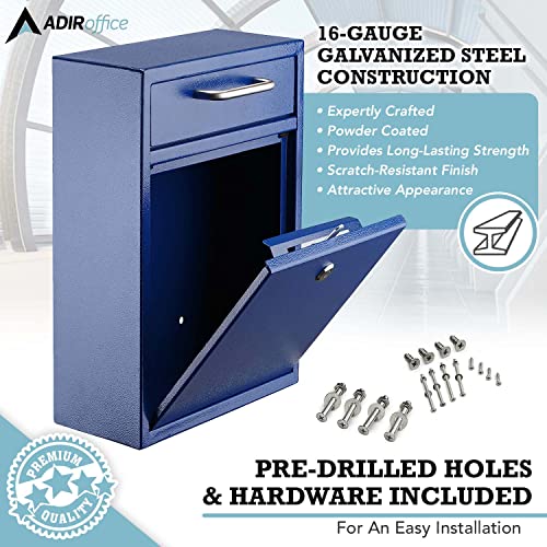 AdirOffice Mailboxes for Outside Wall Mount Large with Key Lock, Metal Locking Mailbox with Post Outdoor, Residential Mail Box Lock and Key, Cash Drop Box for Money, Parcel, Envelopes & Cards Blue - Image 2