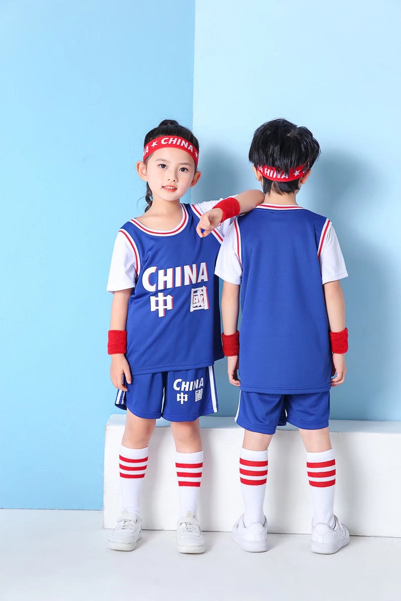 Children'S Chinese Team Jersey Basketball Uniform Kindergarten Baby Short-Sleeved Basketball Jersey Boys And Girls Students Fake Two-Piece Jersey - Image 1