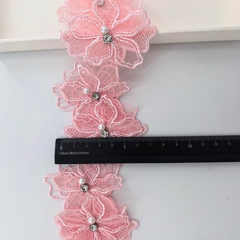 Buysk 2 Yards 3D Pearl Beads Flower Lace Trim Ribbon Floral Applique Embroidered Lace Fabric for Sewing DIY Crafts (Pink) - Image 2