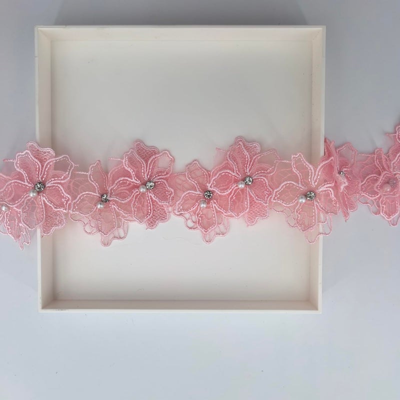 Buysk 2 Yards 3D Pearl Beads Flower Lace Trim Ribbon Floral Applique Embroidered Lace Fabric for Sewing DIY Crafts (Pink) - Image 3