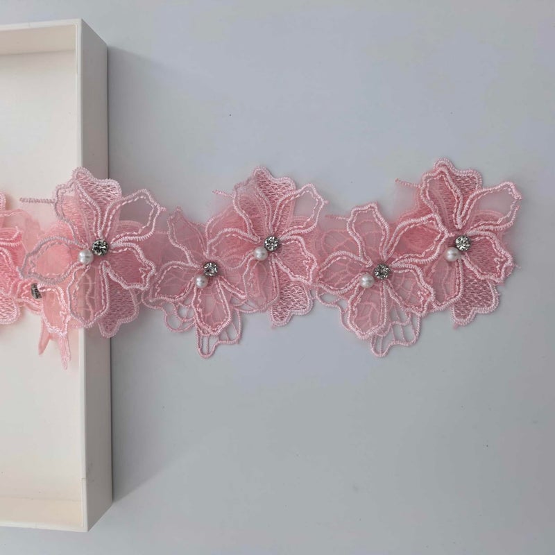 Buysk 2 Yards 3D Pearl Beads Flower Lace Trim Ribbon Floral Applique Embroidered Lace Fabric for Sewing DIY Crafts (Pink) - Image 5
