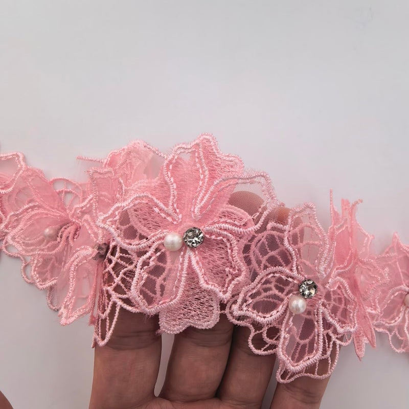 Buysk 2 Yards 3D Pearl Beads Flower Lace Trim Ribbon Floral Applique Embroidered Lace Fabric for Sewing DIY Crafts (Pink) - Image 4