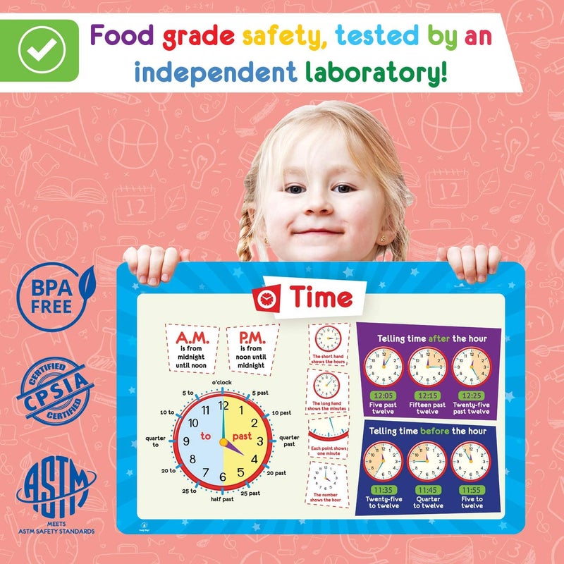 Simply magic 5 Placemats for Kids - Kids Placemat Non Slip, Washable Reusable Toddler Place Mats, Educational Placemats: Money, Numbers, Weather and Seasons, Calendar, Time, Plastic Placemat for Kids - Image 5