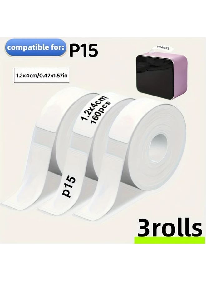 3 لفات شريط ورقي لاصق أبيض 12 × 40 مم 160 ورقة لكل لفة لـ P15 - Image 1
