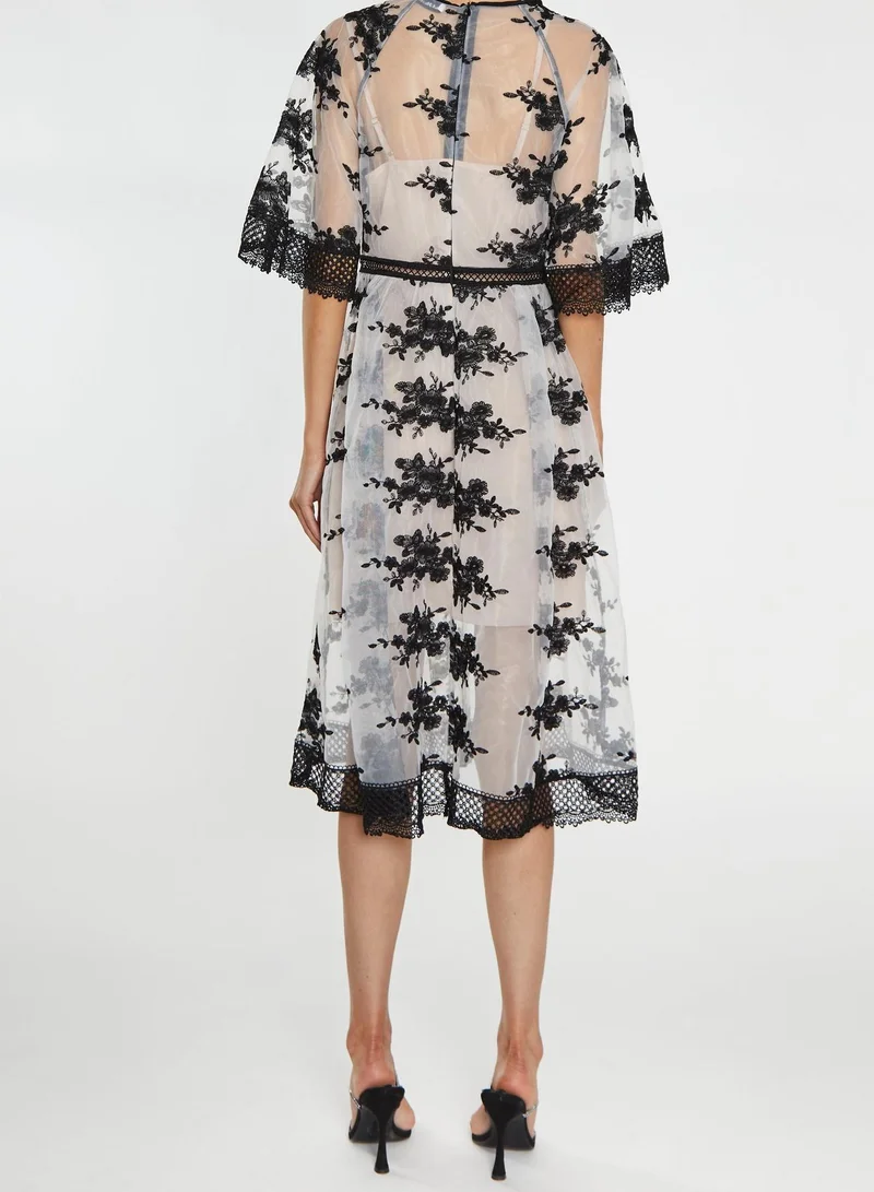 True Decadence Eva Nude Black Embroidery Lace Trim Angel Sleeve Midi-Dress